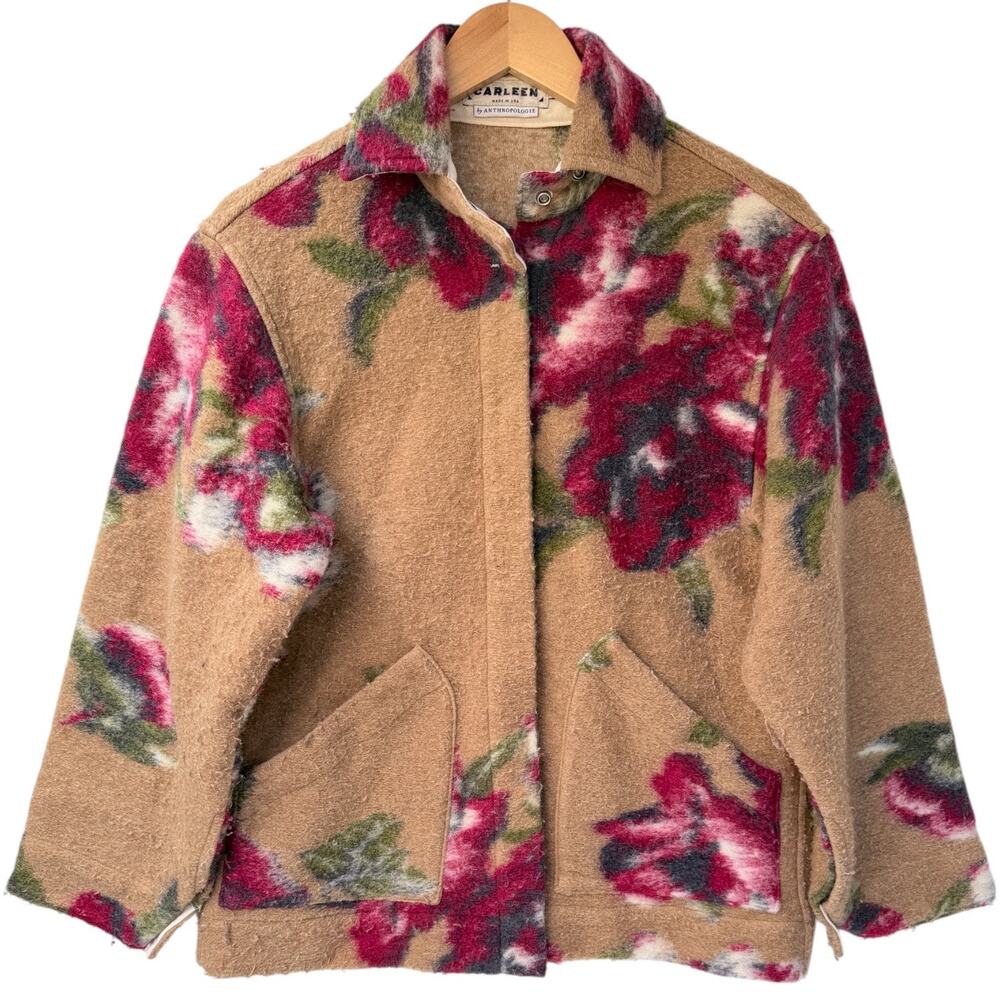 Carleen Anthropologie Womens Jacket XS Floral Wool Blend Snap Front USA Made